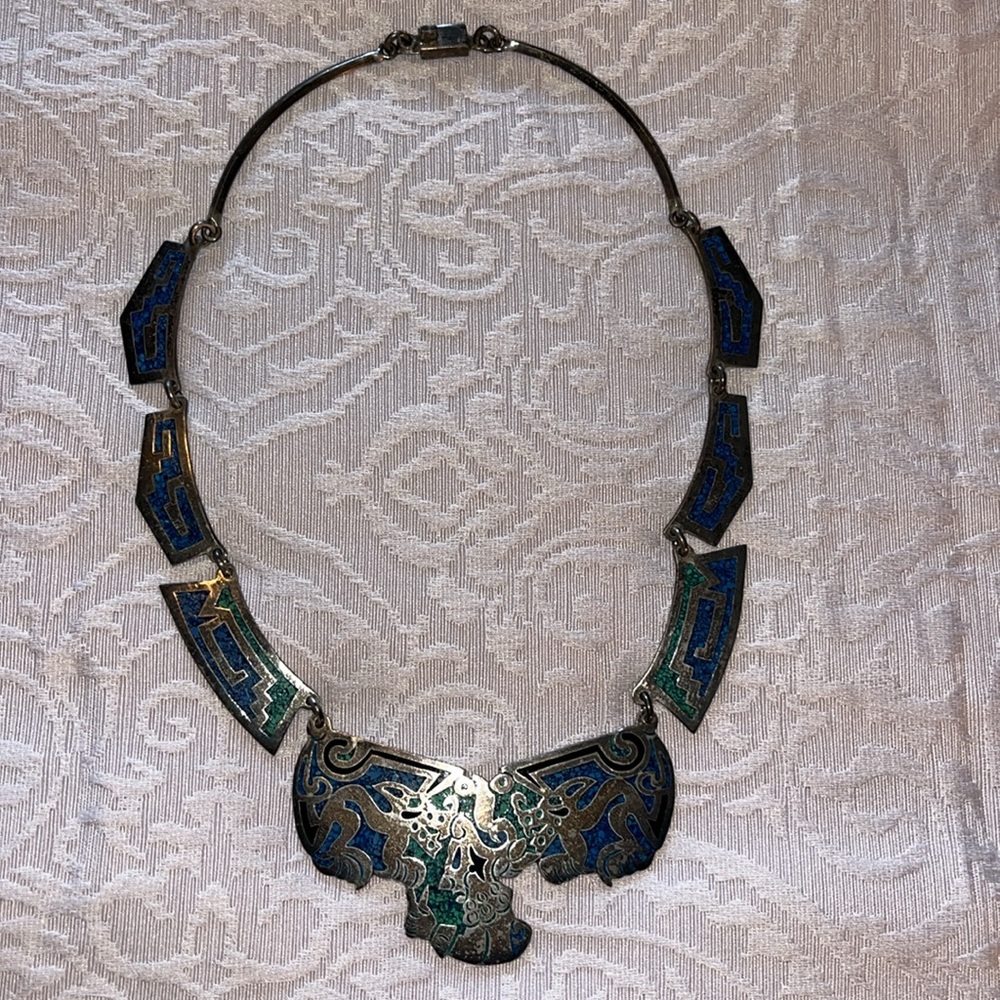 Vintage Mexico Alpaca BIb Necklace Choker Silver With Turquoise Inlay EUC - Picture 4 of 11